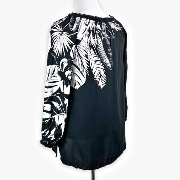 Soft Surroundings Size M Palm Leaf Blouse Ruffle Trim Black White - Picture 3 of 11